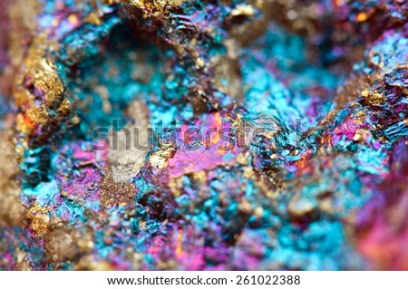 Bornite, also known as peacock ore, is a sulfide mineral with chemical composition Cu5FeS4 that crystallizes in the orthorhombic system (pseudo-cubic). Macro. Background for successful Your projects