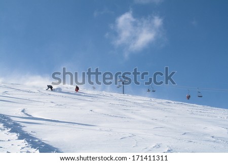 Mountain ski view with people - nature and sport background