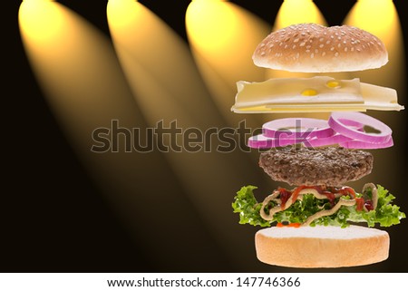 burger concept for menu with showy background
