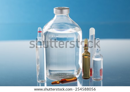 infusion bottle and medication vial on the blue background