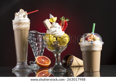 ice coffee and ice coffee take-away, and Neapolitan cup with vanilla ice, whipping cream decorated for menu card