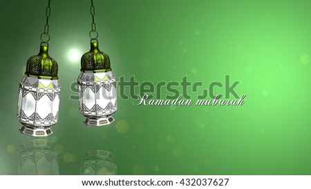 Ramadan Mubarak and Traditional Ramadan Lantern And Islamic Rosary | Light Colorful Green background | Ramadan in Egypt And The Light Of Ramadan. Its The Lantern A Ramadan Story