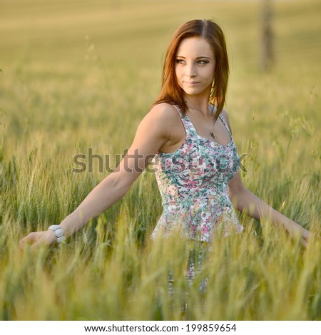 Summer girl portrait. Caucasian woman smiling happy on sunny summer