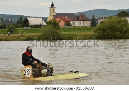 TRENCIN, SLOVAKIA - JULY 23: Rene Hofmaier from Germany participate in the European championship hovercraft Laugaritio July 23, 2011 in Trencin, Slovakia.