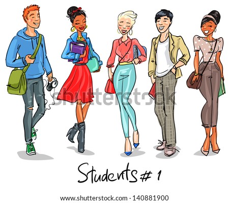 Students - part 1. Hand drawn teenagers, group of young people, set.