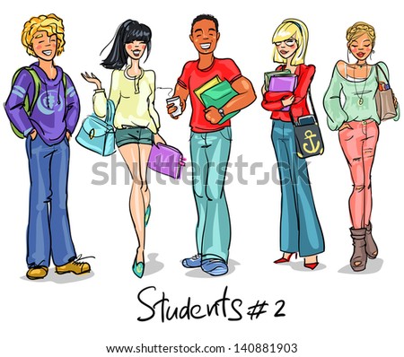 Students - part 2. Hand drawn teenagers, group of young people, set.