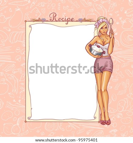 Recipe card, attractive young housewife with pot and spoon, cooking, seamless background