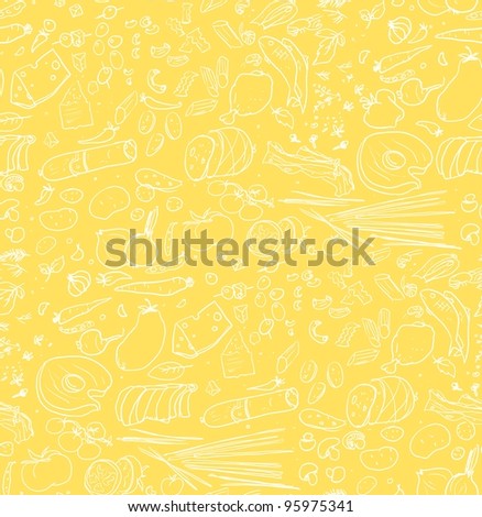yellow tasty seamless pattern, doodles, food