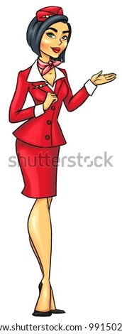 Beautiful Asian flight attendant in red suit