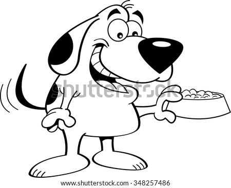 Black and white illustration of a happy dog holding a dog food dish.