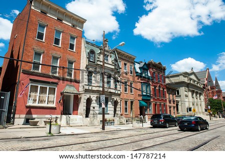 CINCINNATI - July 12: Historic 19th century architecture seen in the urban historic district of Over-the-Rhine in Cincinnati on July 12, 2013.
