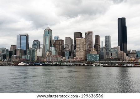 SEATTLE - MAY 10: An overcast view of the Seattle skyline seen from Elliott Bay on May 10, 2014.