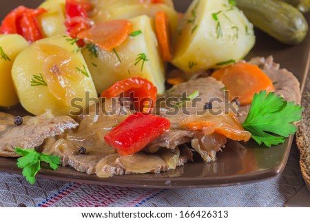 Stew meat with carrots, peppers, onions, potato and pickled cucumber. Grey bread with sunflower seeds