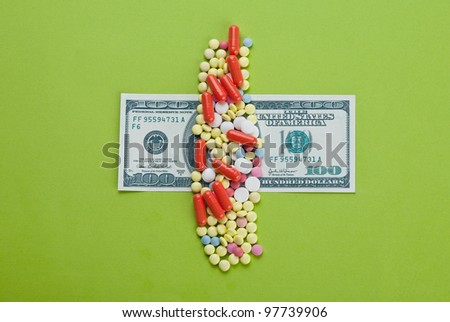 Pills and tablets on top of US paper currency