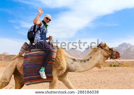 Young caucasian woman tourist riding on camel in Egypt desert