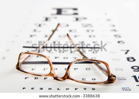 horn rim eyeglasses sittin on top of an eye exam chart, forground sharp and background soft