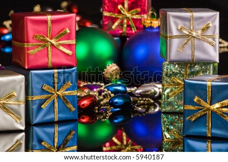 Silver, blue, red, packages with blue and green ornaments