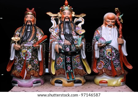 Chinese three Gods.Ceramic with colorful painting.