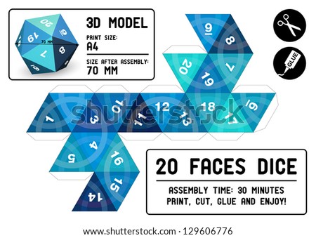 3d Dice  129606776  Papercraft Twenty   Blue dice papercraft  Faces Vector Stock