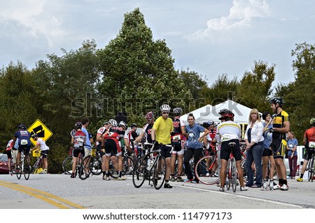 Dahlonega, GA/USA - SEPTEMBER 30: A crowd of people at a rest stop during the  Six Gap Century ride, September 30, 2012 in Dahlonega GA.