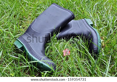 A pair of rubber boots in the grass with small rain drops on them.