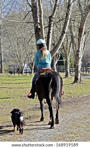 A young teen girl riding her horse to the barn being followed by a dog.