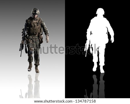 U.S. military marine. Studio shooting. With alpha channel. frontal pose. going. with reflections. isolated.