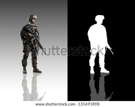 U.S. military marine. soldier. Studio shooting. Turn right. with reflections. isolated. With alpha channel.