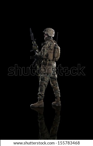 U.S. military marine. Studio shooting. Turn to the left pose. With reflections. Isolated. With alpha channel - in my gallery.