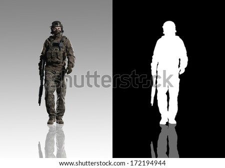 Nato Troops. Studio Shooting. With Alpha Channel. Frontal Pose. Going. With Reflections. Isolated.