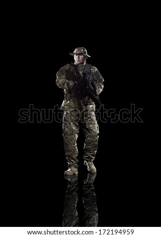 NATO troops. Studio shooting. With alpha channel. frontal pose. going. with reflections. isolated.With alpha channel - in my gallery.