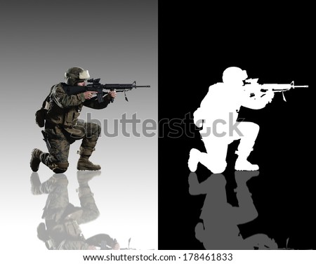 U.S. military marine. Studio shooting. with reflections. sitting pose. isolated. With alpha channel.