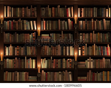 Bookshelf. Seamless texture. Background. Mysterious library with candle lighting.