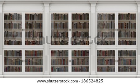 White Bookshelf. Seamless texture (vertically and horizontally). Background. Library in the Romanesque style.