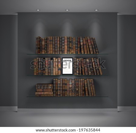 Tablet/e-book on the bookshelf among old books. Evolution of technology.