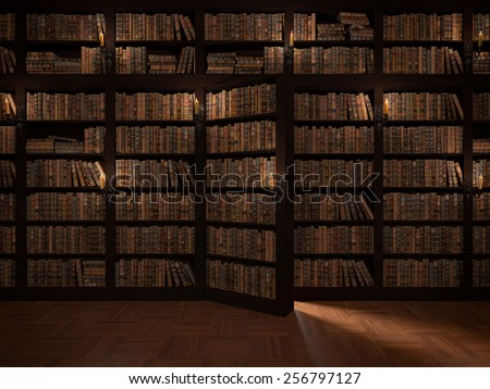 Secret door in the bookcase. Mysterious library. Gaining knowledge through reading