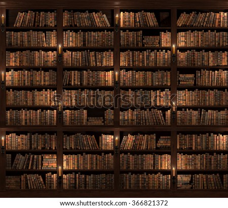 Seamless texture (vertically and horizontally). Vintage Books. Two-storied Bookshelf background. Mysterious library with candle lighting.