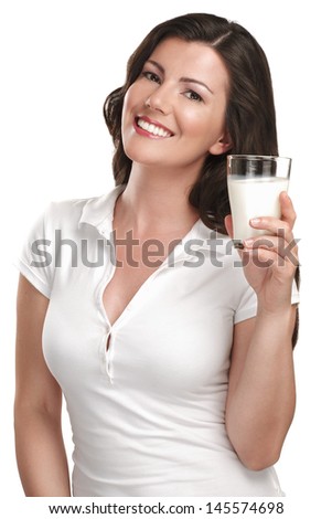 young beautiful woman drink a glass of milk on white