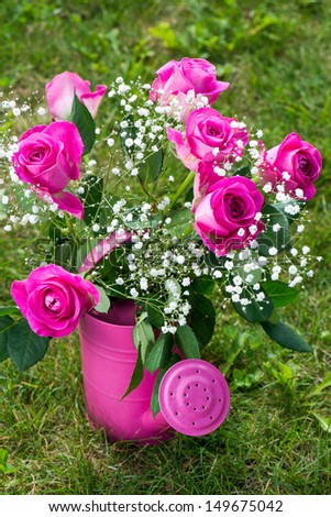 Beautiful pink roses in a pink watering can