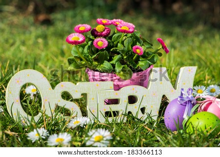 Wooden Letters Easter with daisies and easter eggs