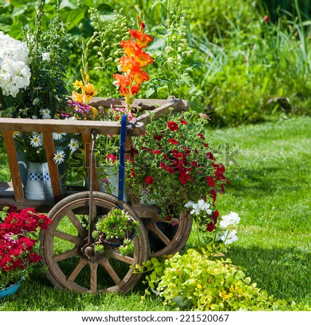 Wooden cart with flowers in a garden