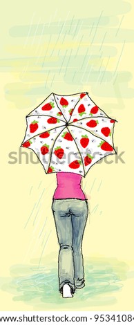 girl walk under an umbrella in the rain