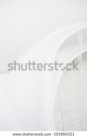 Double elevated curve walkway with steel banister, white minimal modern architecture detail
