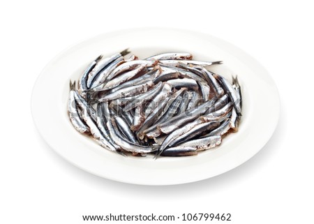 Fresh anchovies prepared seafood without head dishware with its shadow on white background