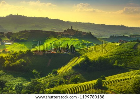 Langhe vineyards sunset panorama, Castiglione Falletto and La Morra, Unesco Site, Piedmont, Northern Italy Europe.