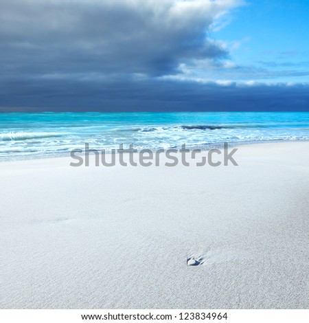 Ocean seascape. White rock or pebble in a white sandy beach under blue cloudy sky in a bad weather. Waves on background.