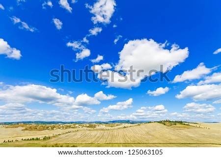 Tuscany landscape, Aerial panoramic view on fields and trees in Crete Senesi land near Siena, Tuscany, Italy, Europe.