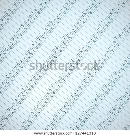 Business data report selective focus close up. Monthly stock stats spreadsheet. Blue toned and vignette added