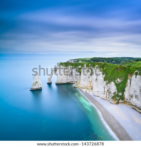 Etretat Aval Cliff, Rocks And Natural Arch Landmark And Blue Ocean. Aerial View. Normandy, France, Europe.