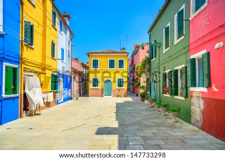 Venice Landmark, Burano Island Street, Colorful Houses, Italy, Europe.